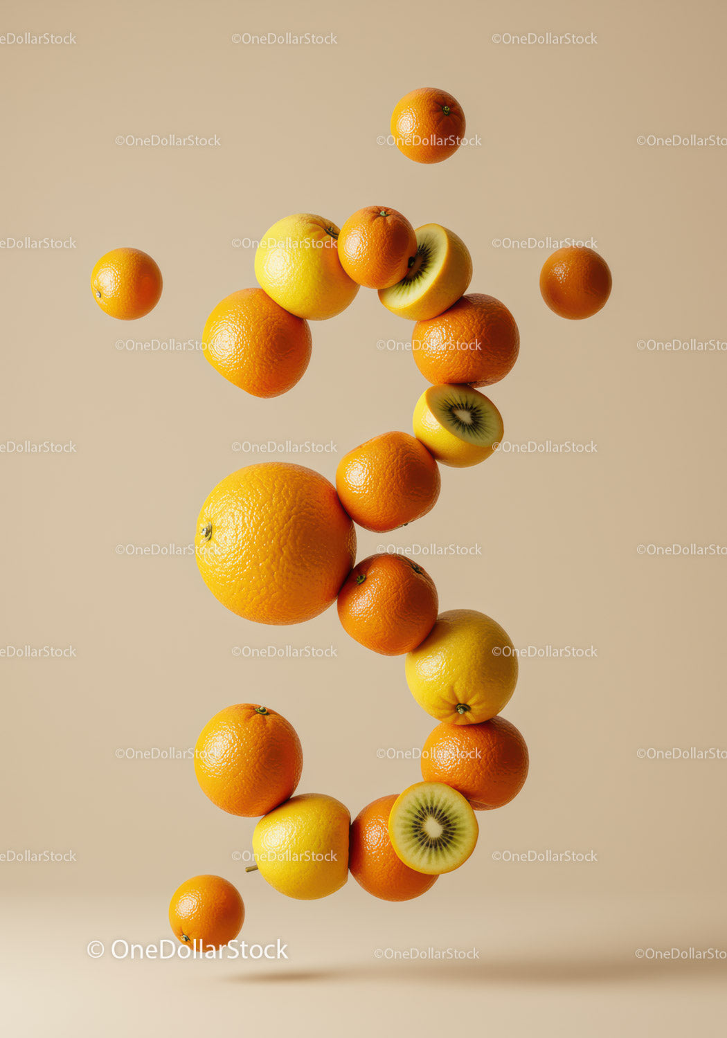 Floating Citrus Fruits Creating Number Three Shape