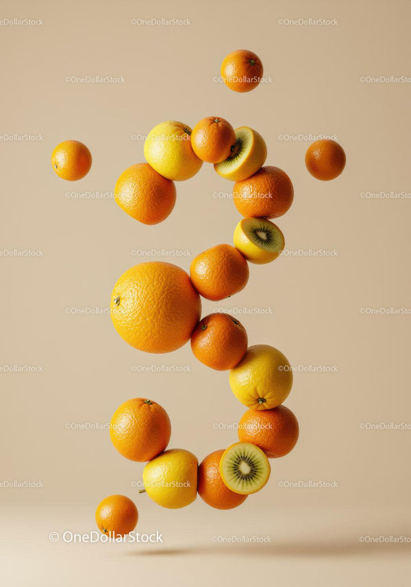 Floating Citrus Fruits Creating Number Three Shape