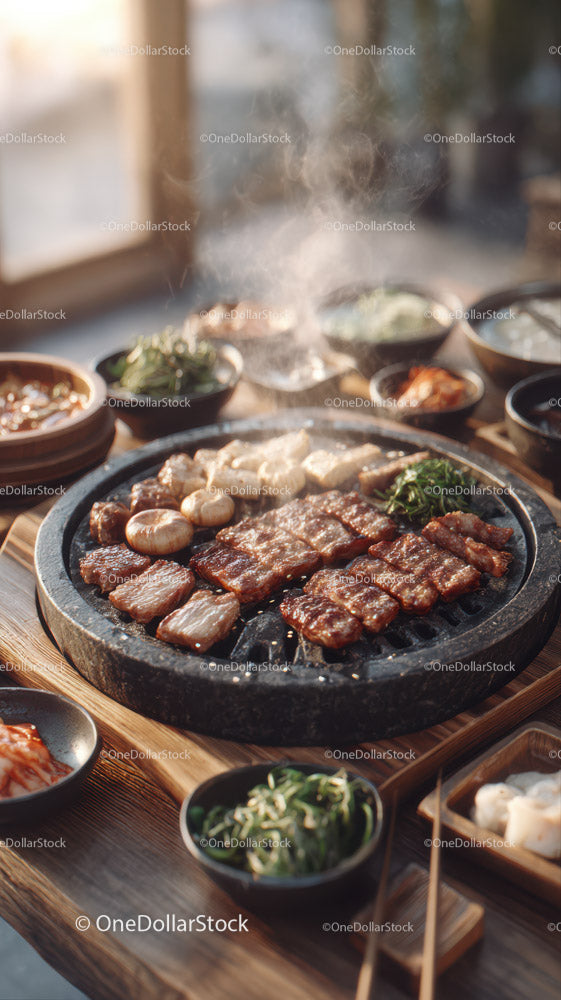 Outdoor Korean BBQ Grill with Assorted Meat and Vegetables