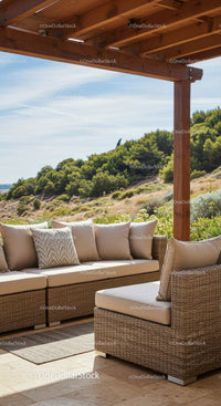 Modern Outdoor Patio with Beige Wicker Sofa Overlooking Green Hills