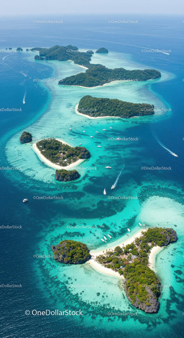 Tropical Island Chain with Clear Blue Waters and Lush Greenery