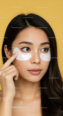 Young Woman Applying Eye Patches for Skincare on Yellow Background