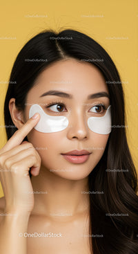 Young Woman Applying Eye Patches for Skincare on Yellow Background