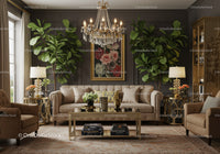 Elegant Living Room with Lush Green Plants and Classic Decor