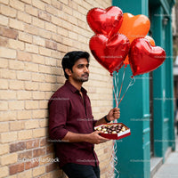 Man holding heart-shaped balloons and chocolates outdoors