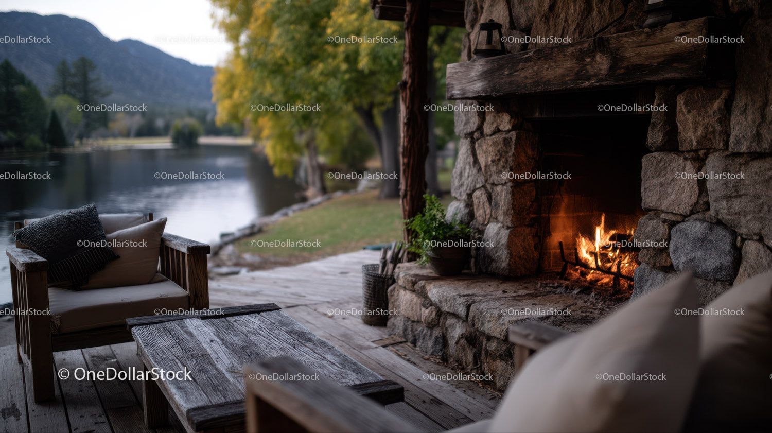 Rustic Lakeside Fire Fireplace with Wooden Furniture and Nature View
