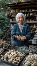 Elderly Woman with Herbal Collection at Rustic Outdoor Market