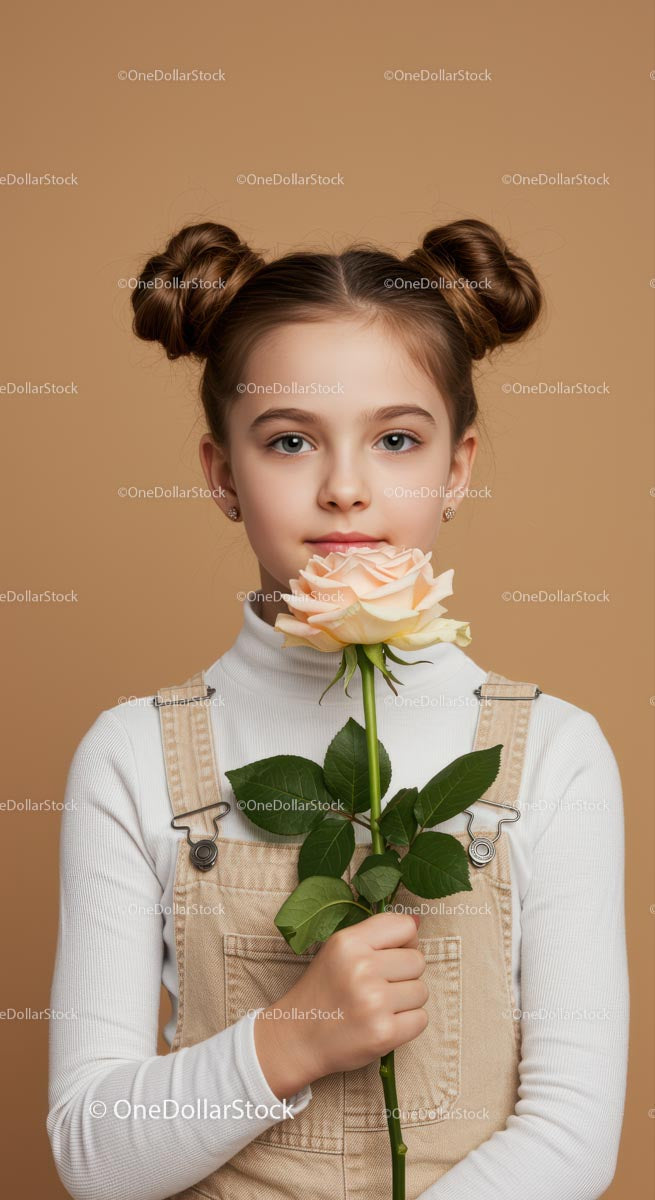 Young Girl with Pale Peach Rose Portrait on Soft Beige Background