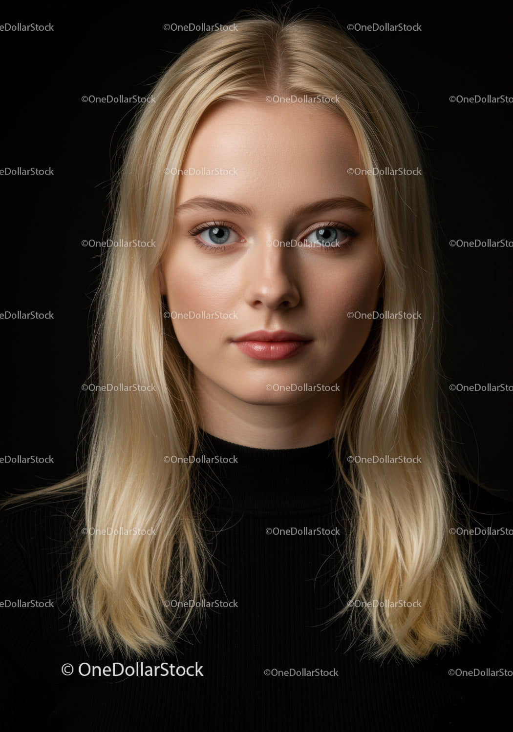 Portret spokojnej młodej kobiety o blond włosach i niebieskich oczach