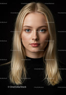 Portrait of calm young woman with blonde hair and blue eyes