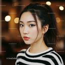 Portrait of a Young Woman with Stylish Makeup and Casual Stripes