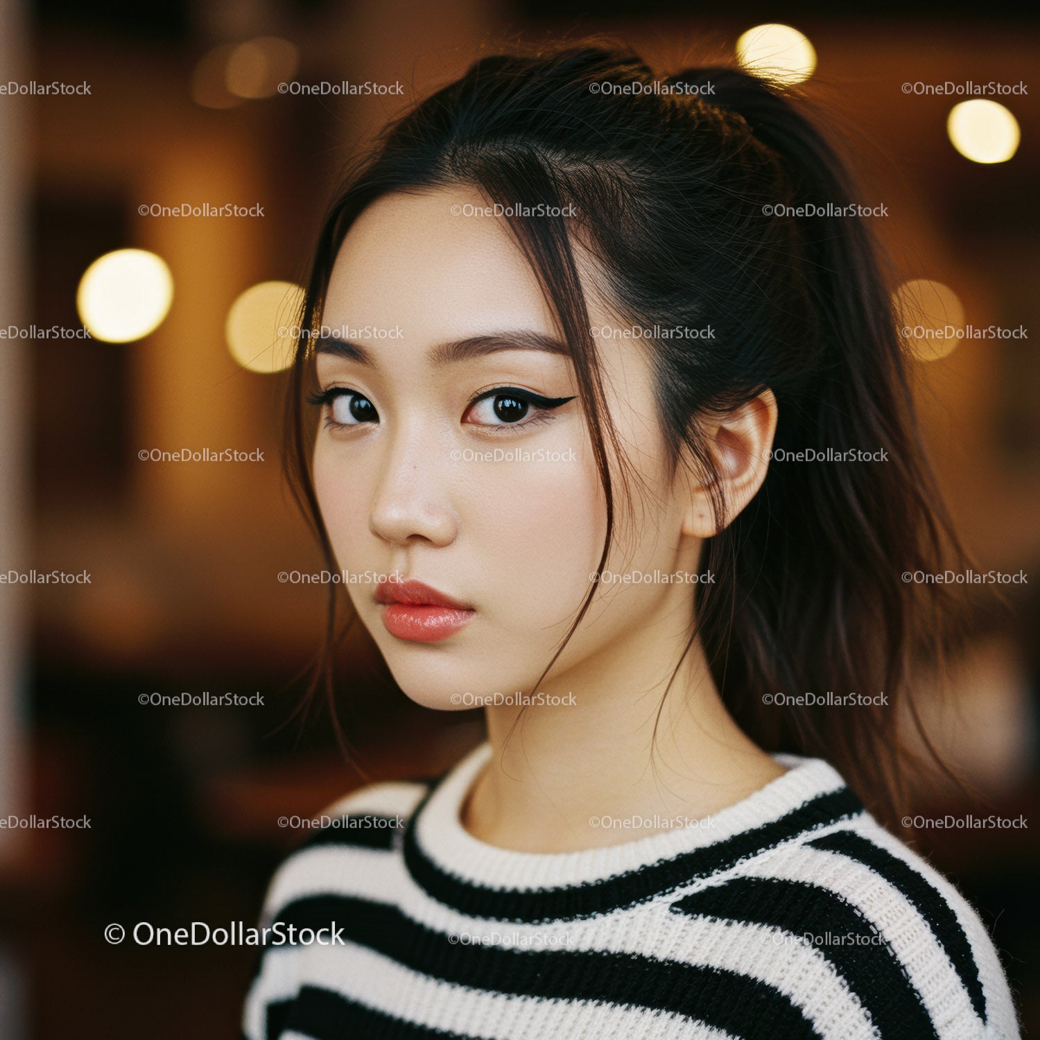 Portrait of a Young Woman with Stylish Makeup and Casual Stripes