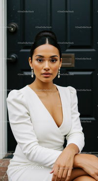 Confident woman in elegant white dress sitting outdoors