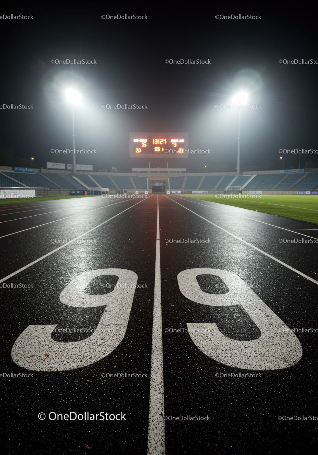 Podświetlona bieżnia nocą z oświetleniem stadionowym