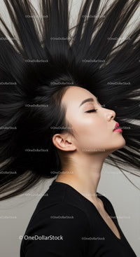 Profile of woman with flowing black hair on gray background