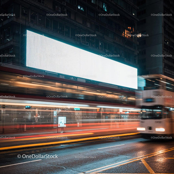 City street with glowing billboard and blurred traffic JPG Mockup Image