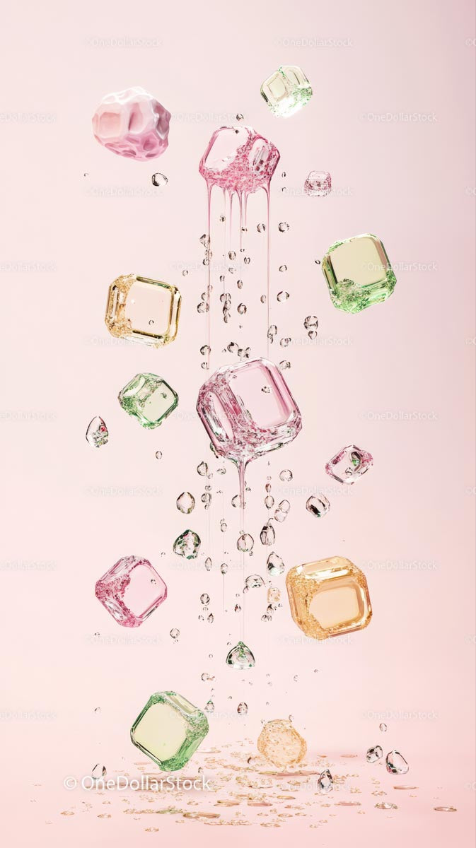 Colorful Ice Cubes Falling in a Refreshing Drink on Pastel Background