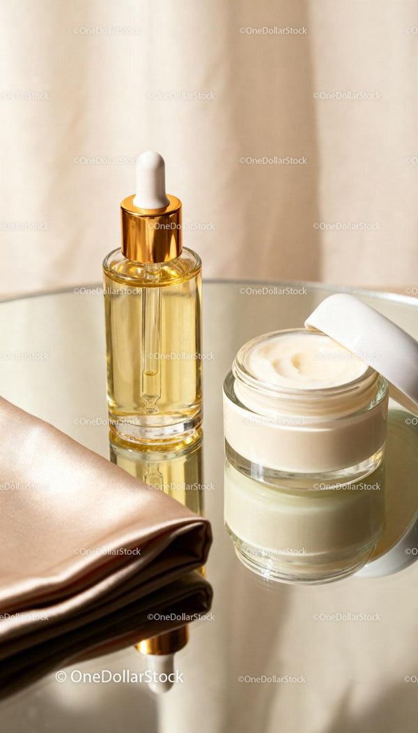 Minimalist skincare set with serum and cream on mirror
