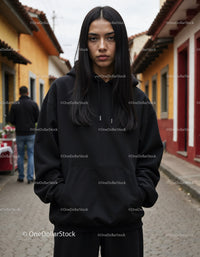 Fashionable Woman Wearing Black Hoodie in Urban City Street