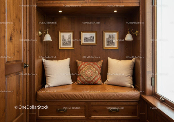 Cozy Wood Panelled Nook with Leather Cushion and Vintage Decor
