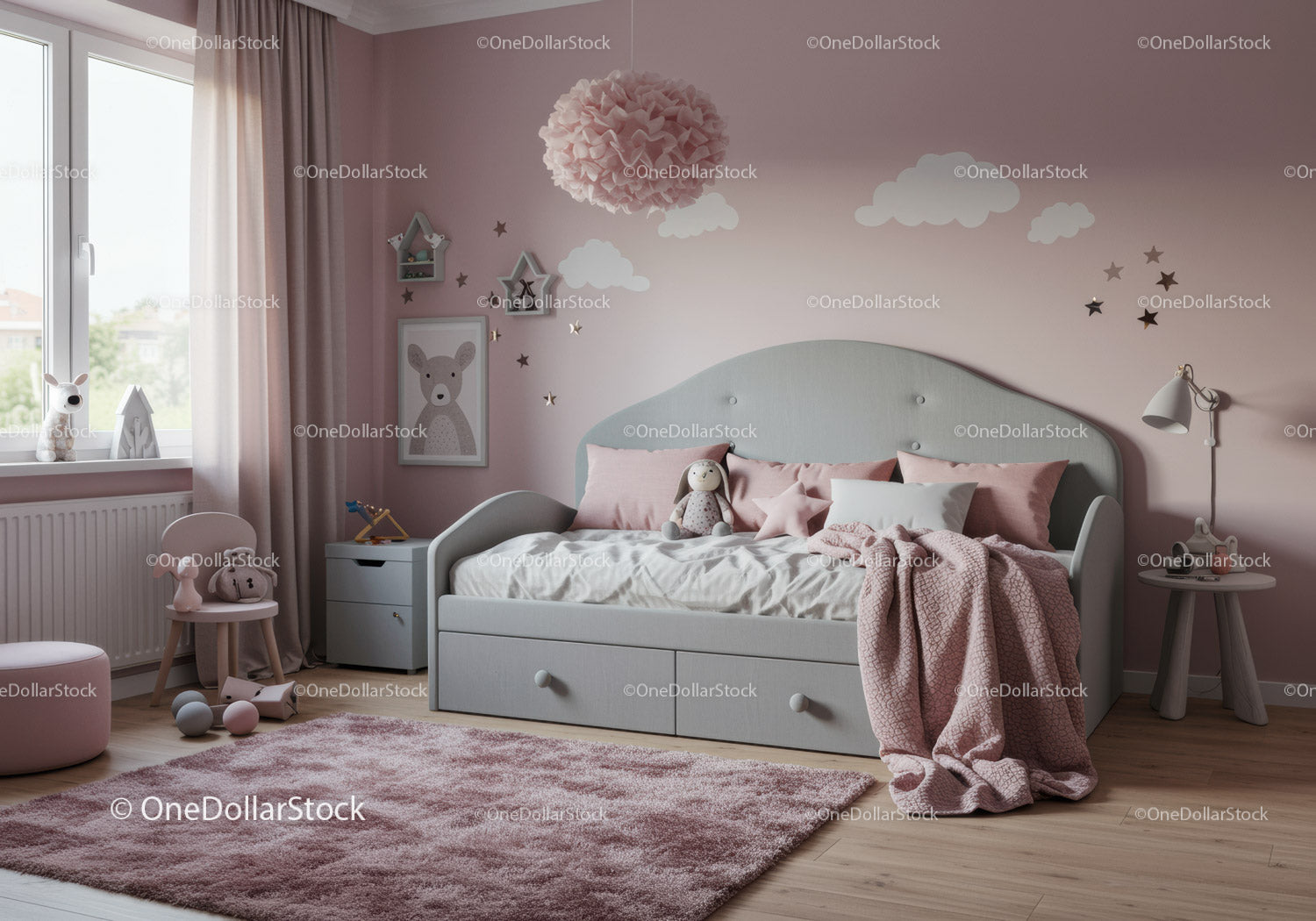 Cute Little Girl's Pink Nursery with Cloud and Star Wall Art