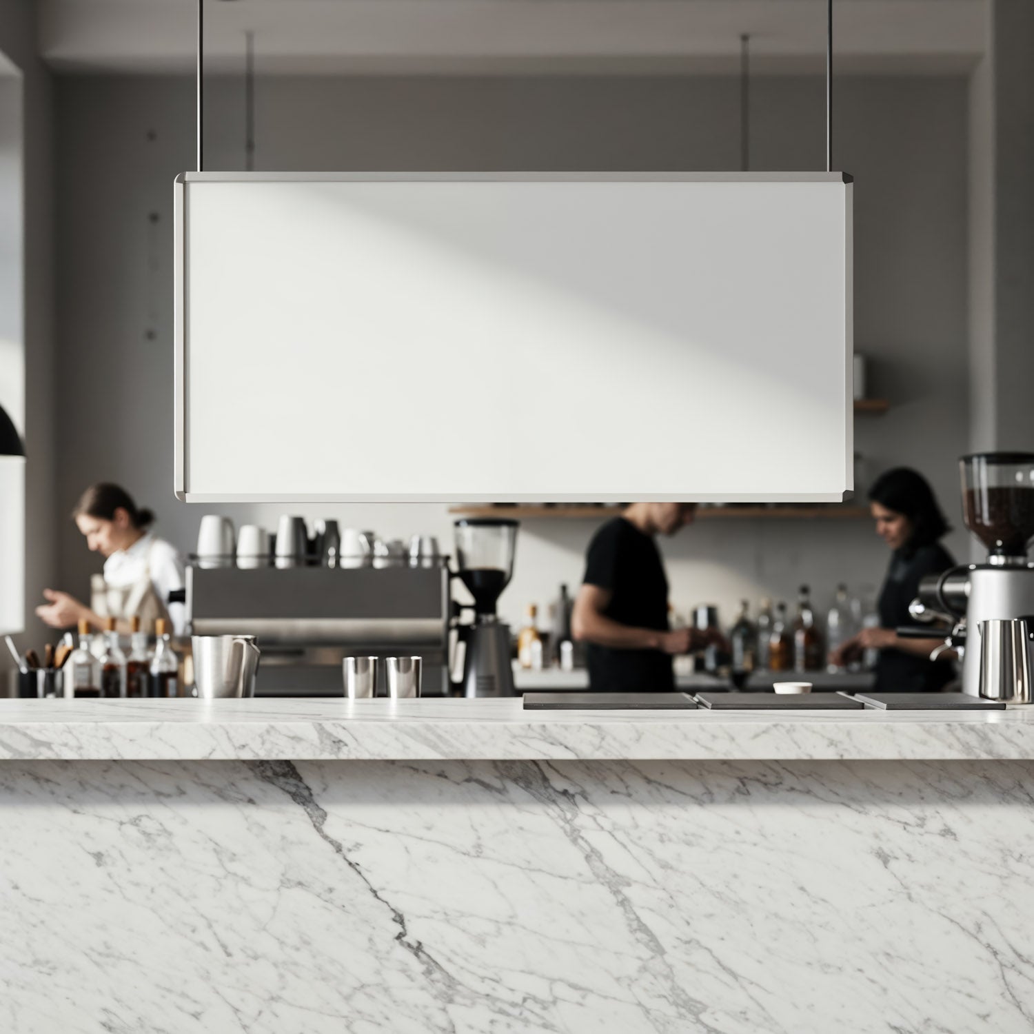 Nowoczesne wnętrze kawiarni z białym marmurowym blatem i baristami