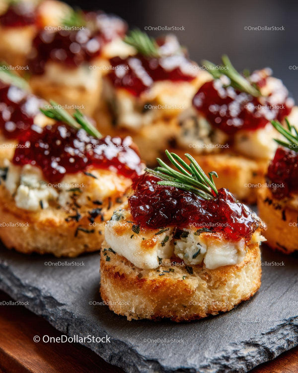 Gourmet Crostini with Blue Cheese Raspberry Jam and Rosemary Garnish