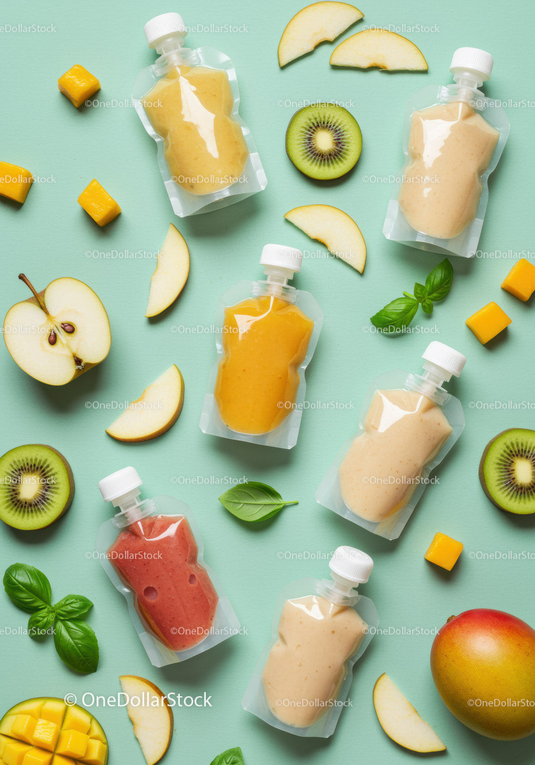 Colorful fruit puree pouches with fresh tropical fruit slices
