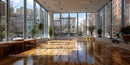 Bright Modern Lounge with Large Windows and Urban City View