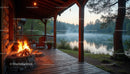 Serene Lakeside Porch with Campfire and Mountain View