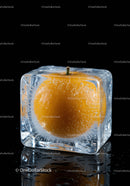 Fresh Orange Encased in Clear Ice Cube on Black