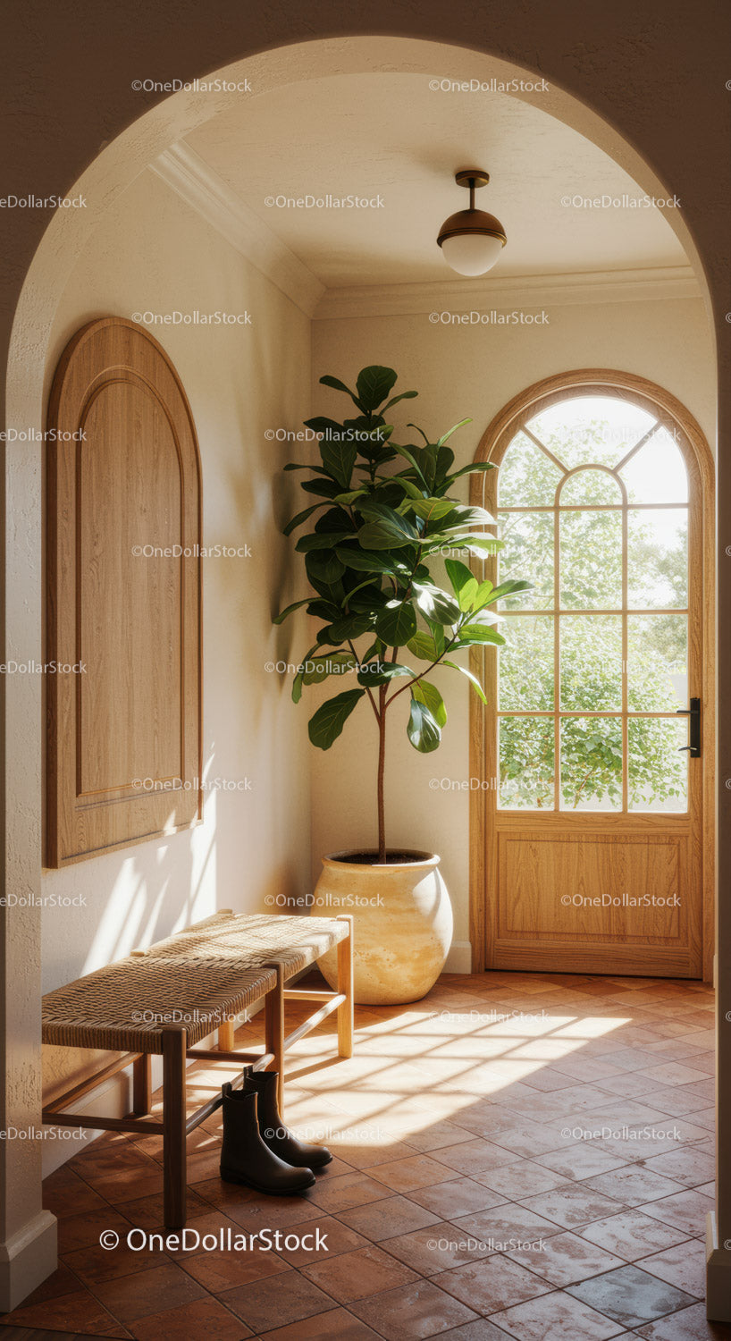 Sunlit hallway with wooden bench and vibrant plant