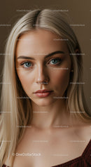 Close-up Portrait of Young Blonde Woman with Blue Eyes and Natural Makeup