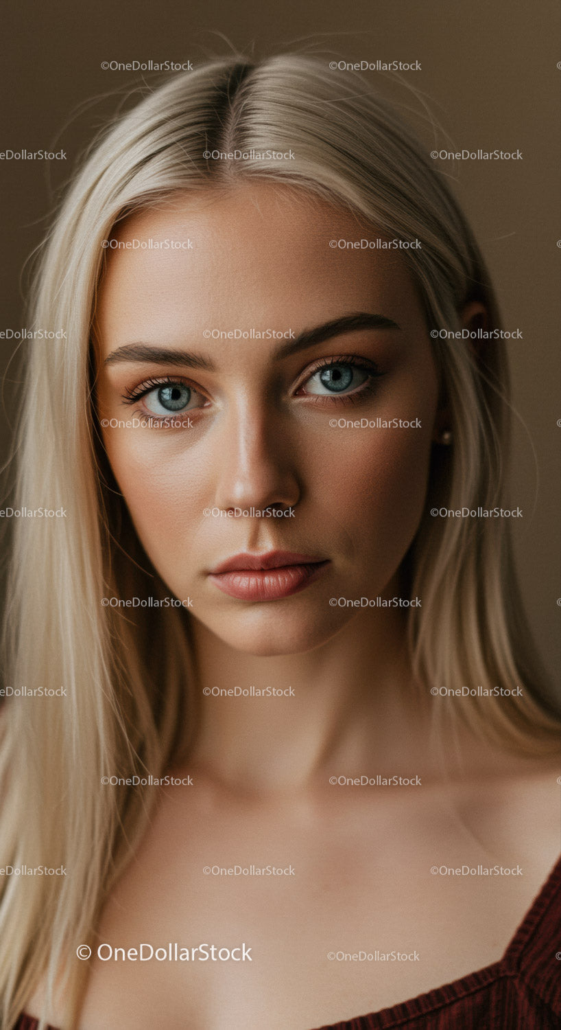 Close-up Portrait of Young Blonde Woman with Blue Eyes and Natural Makeup