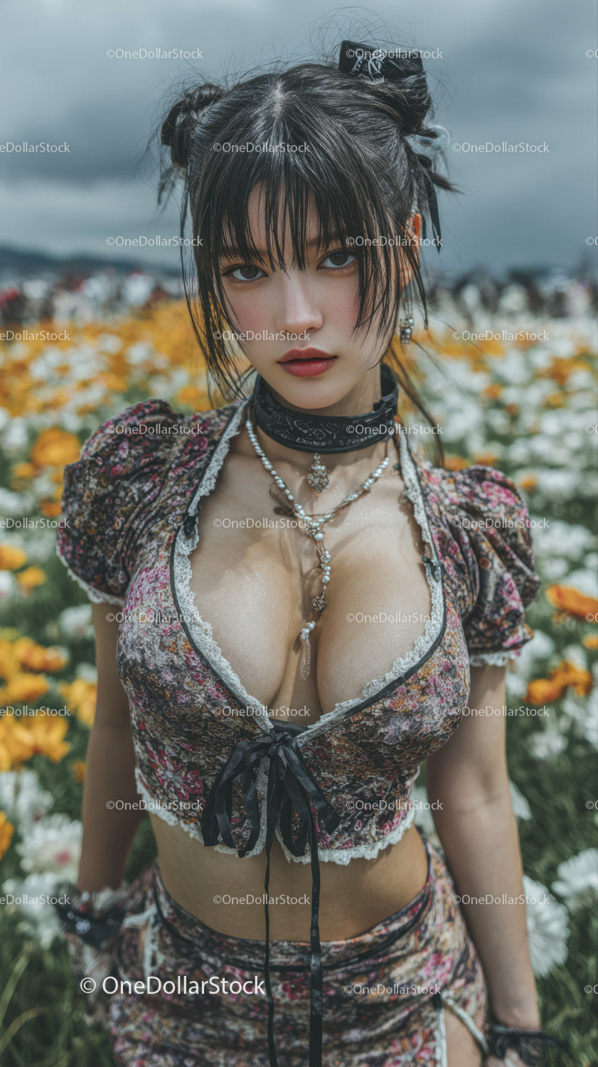 Fashion Model in Floral Top and Jewelry in Blooming Field