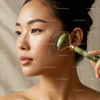 Asian Woman Receiving Facial Jade Roller Massage for Skin Rejuvenation