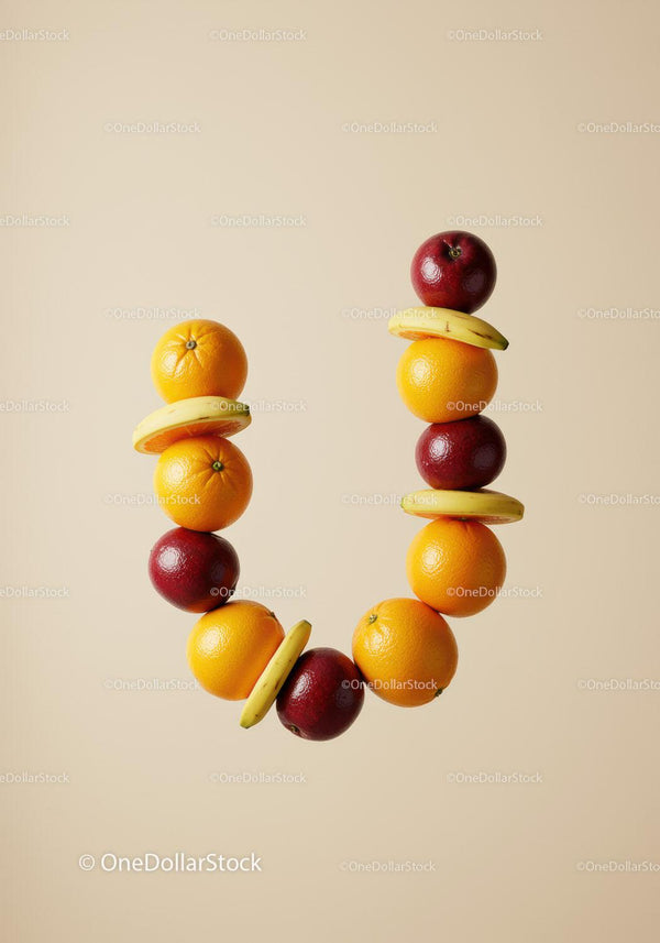 Balanced stack of fresh mixed fruits on beige background
