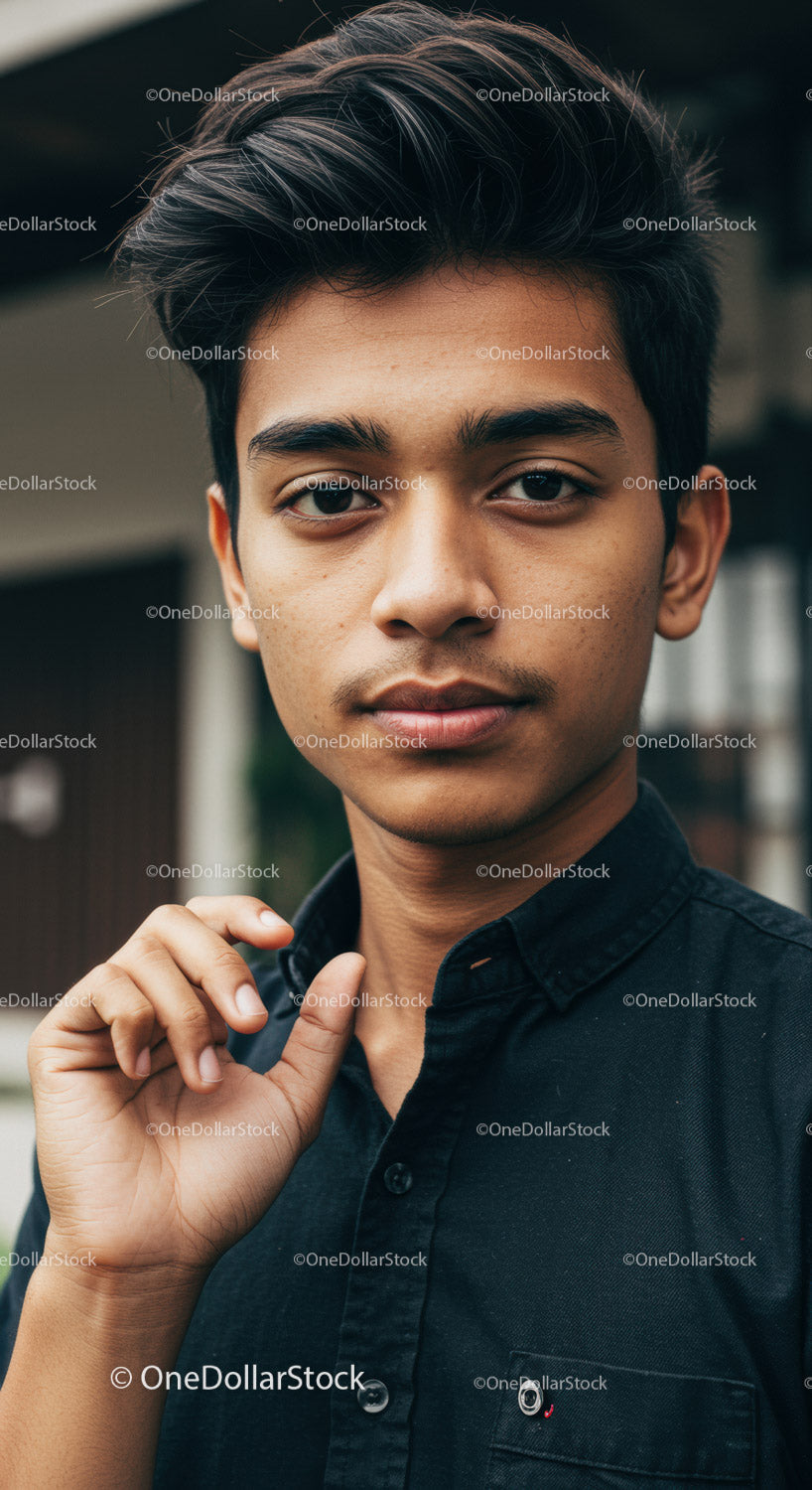 Young man posing with thoughtful expression outdoors