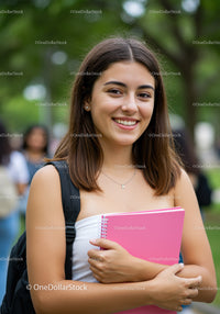 Young Woman Holding Pink Notebook Outdoors in Nature