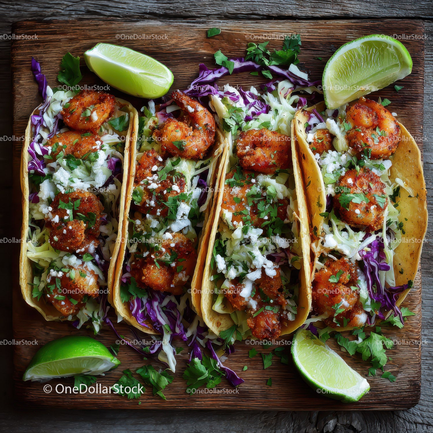 Świeże, pikantne tacos z kurczakiem, kapustą i limonką na drewnie