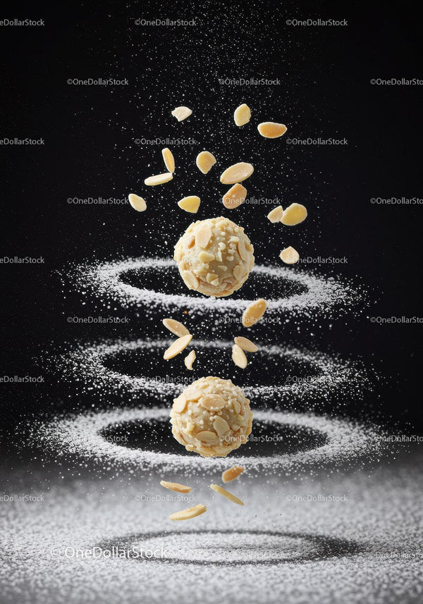 Almond Truffles Suspended with Powdered Sugar Rings