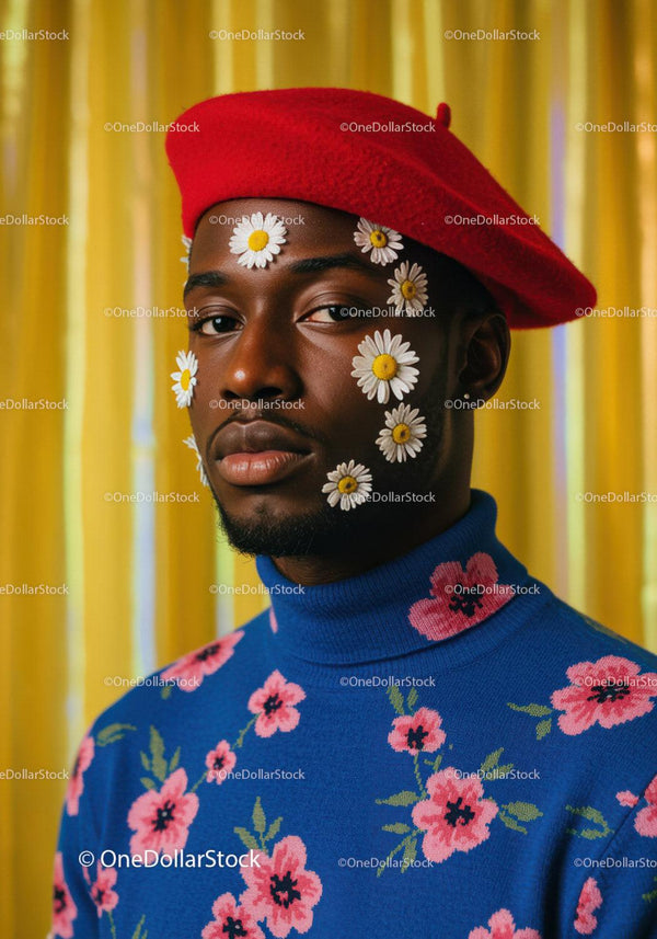 Stylish man with floral face art and red beret