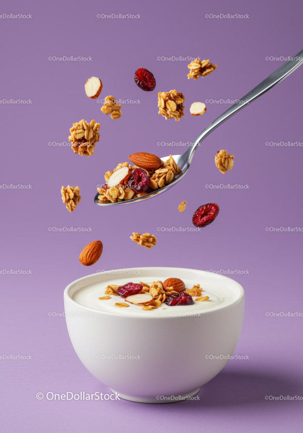 Granola and dried fruit falling into creamy yogurt bowl