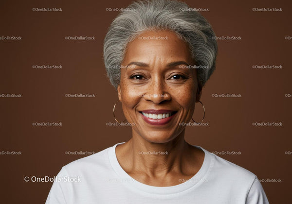 Close-up of a Smiling Elderly Woman with Gray Hair and Hoop Earrings