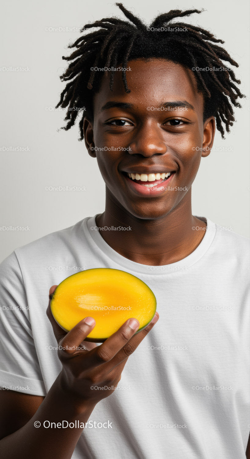 Young Man Holding Bright Yellow Mango with Big Smile
