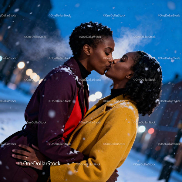 Two Women Sharing a Tender Kiss in Snowy Winter Evening