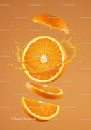 Fresh orange slices with juice splash on orange background