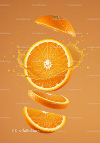 Fresh orange slices with juice splash on orange background