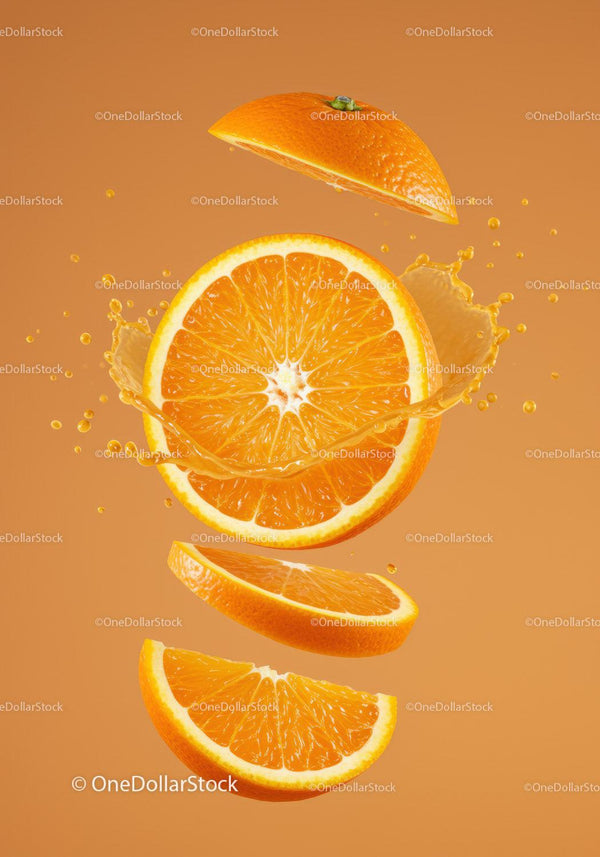 Fresh orange slices with juice splash on orange background