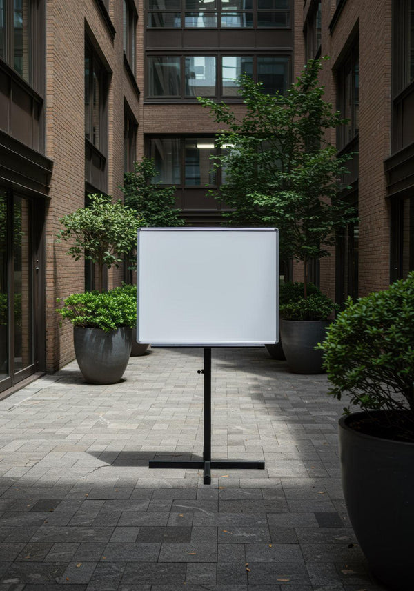Empty Whiteboard in Modern Urban Courtyard with Greenery JPG Mockup Image